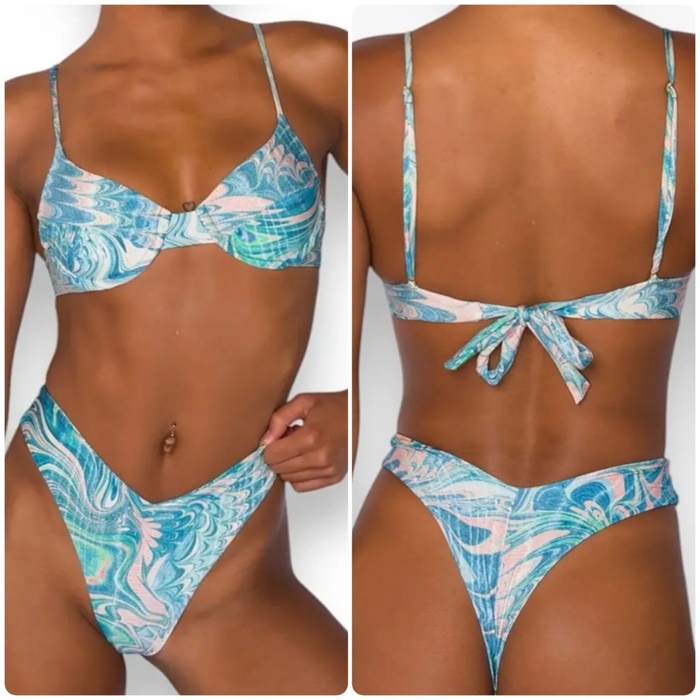Blue Swirl Underwire High Waisted Thong Bikini Set